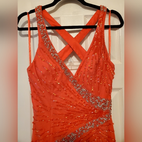 CECILY BROWN Coral and Silver Beaded  Sequined Cross-back Dress Size Medium - Picture 3 of 7